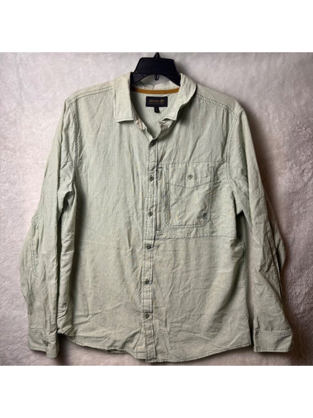 Brothers & Sons Mens XL Green linen blend Button Up Shirt With Zip Pocket luxury